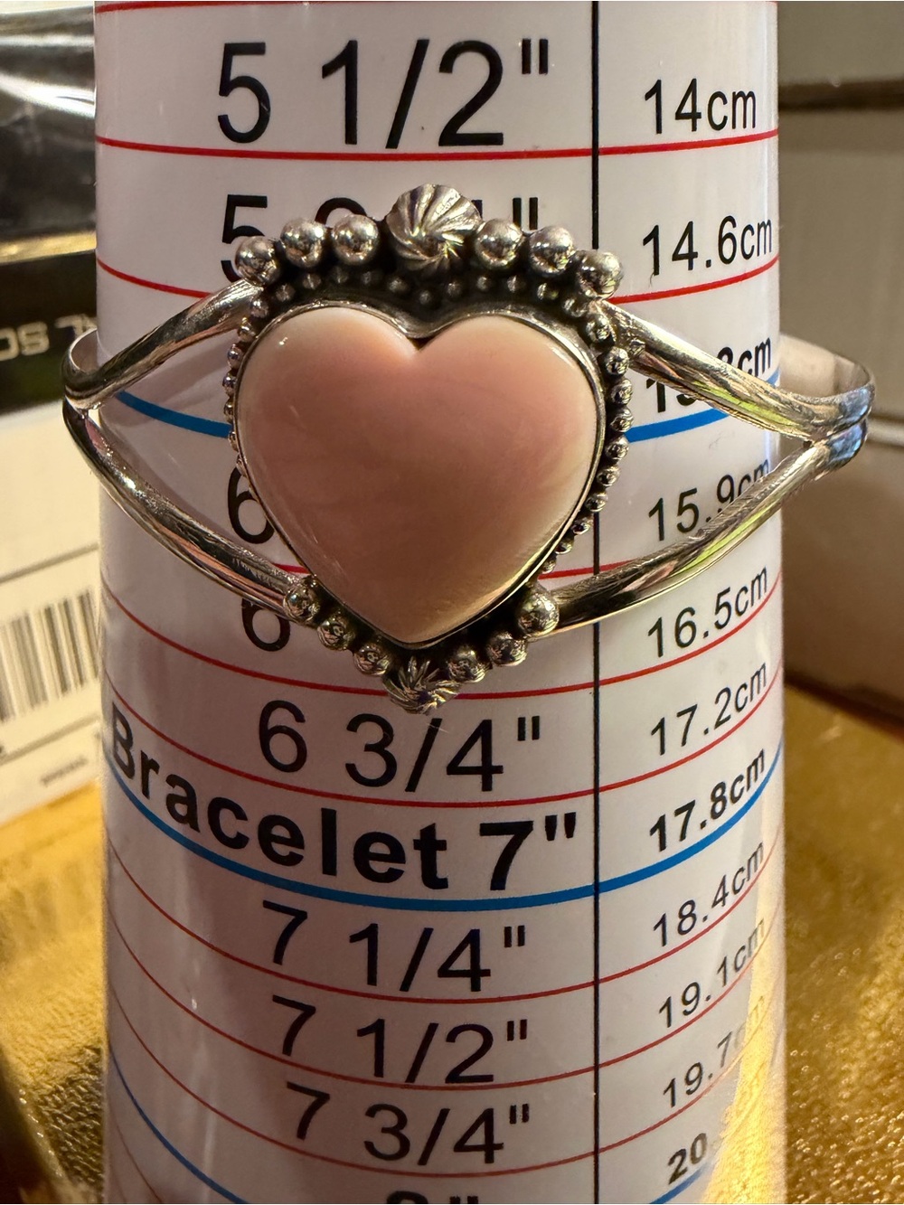 Pink Conch Sterling Silver 925 Heart Cuff Bracelet 6-6.5”